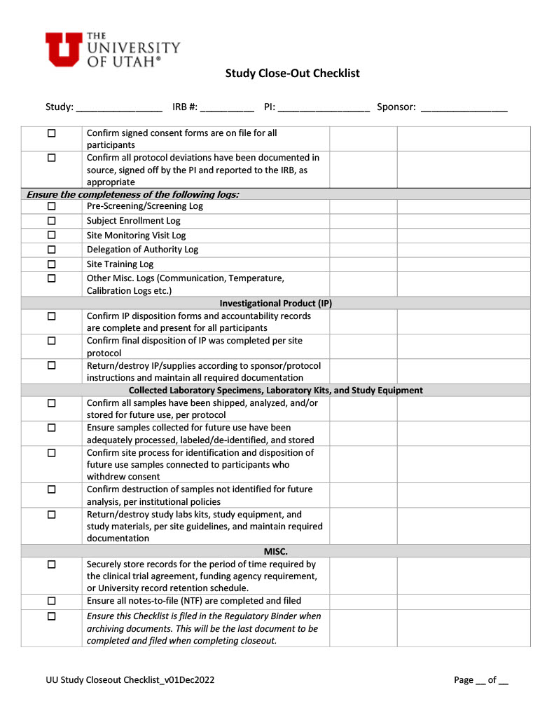 preview image of the Close-out checklist